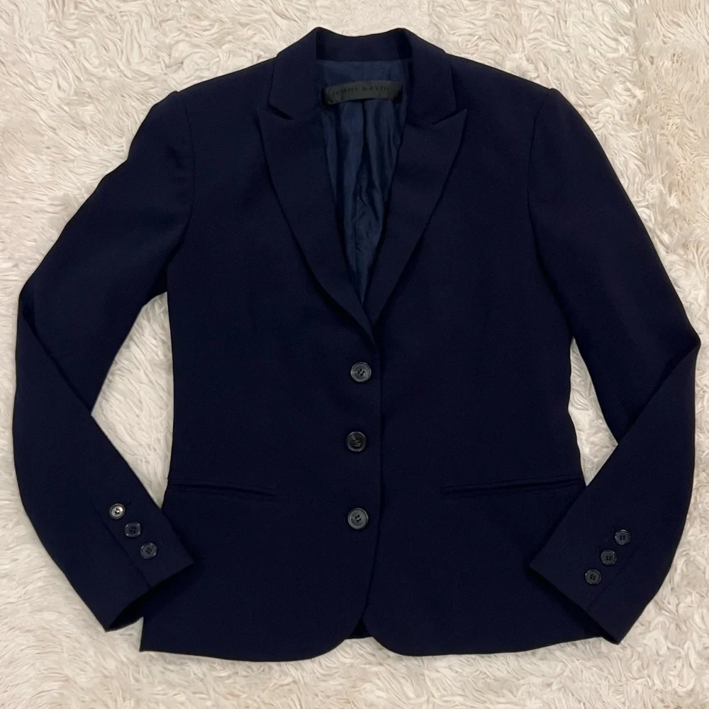 Jenni Kayne Women’s Suit Jacket Blazer Sz 2 Navy Blue‎ Solid Silk Lining Luxury